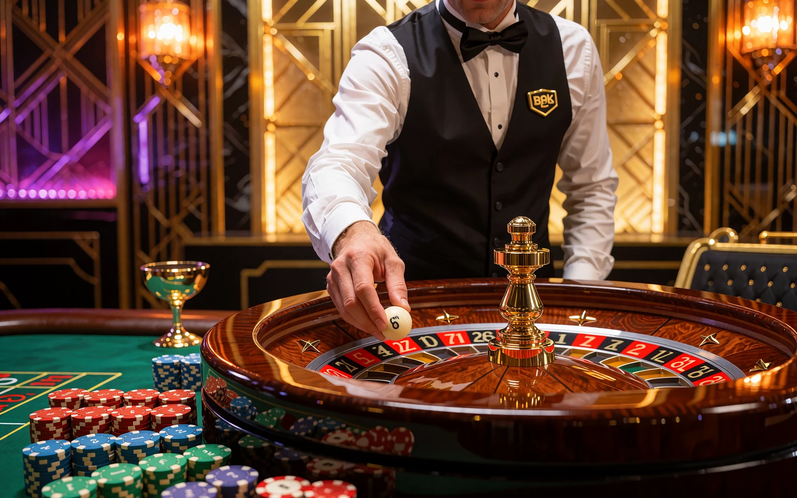 Krupier w kamizelce i muszce puszcza kulkę na kole ruletki - kasyno live z krupierem w Goldbet Casino