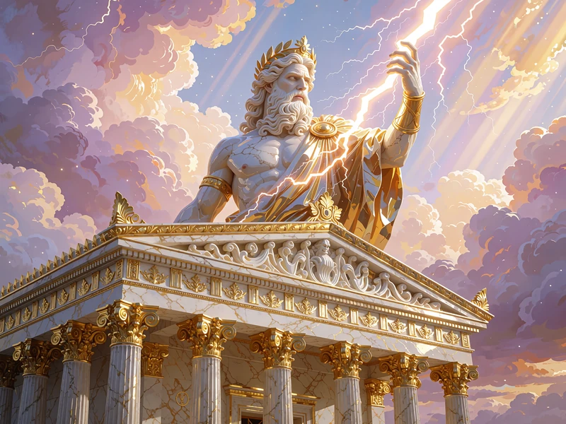 Ilustracja w stylu Gates of Olympus: brodaty b&oacute;g piorun&oacute;w nad marmurową świątynią wśr&oacute;d liliowych chmur