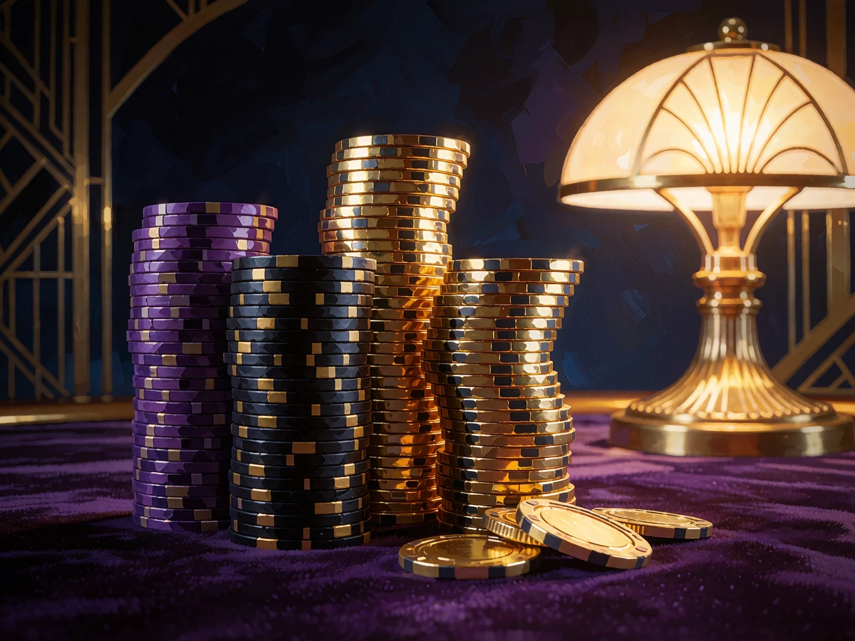 Trzy wieże żeton&oacute;w w kolorach fioletu, czerni i złota na welurowym stole - ilustracja bonusu High Roller 200%