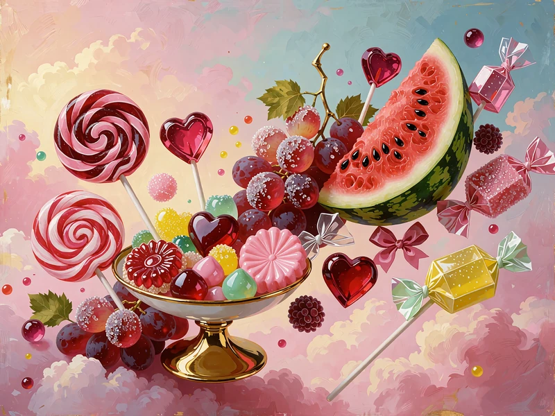 Ilustracja w stylu Sweet Bonanza: lizaki, cukierki i owoce unoszące się nad r&oacute;żowymi chmurami