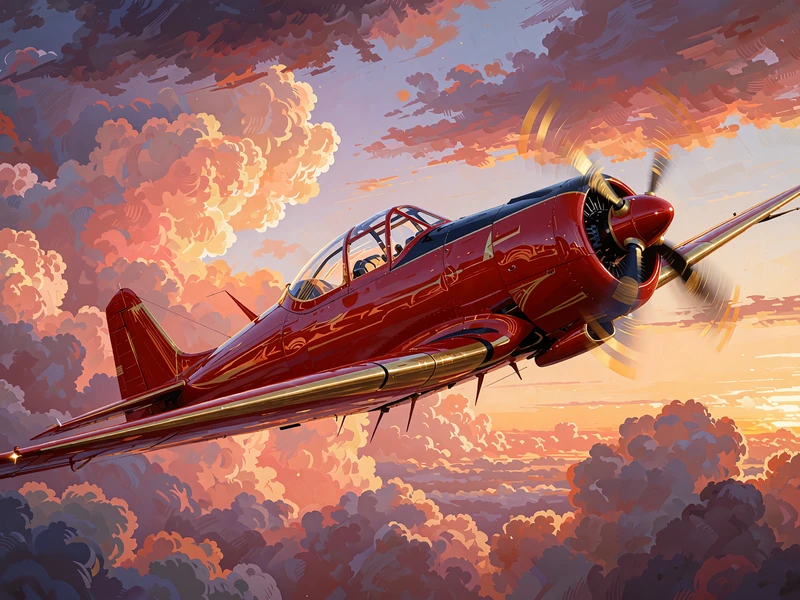 Ilustracja gry crash Aviator: czerwony samolot śmigłowy wznoszący się w niebo o zachodzie słońca
